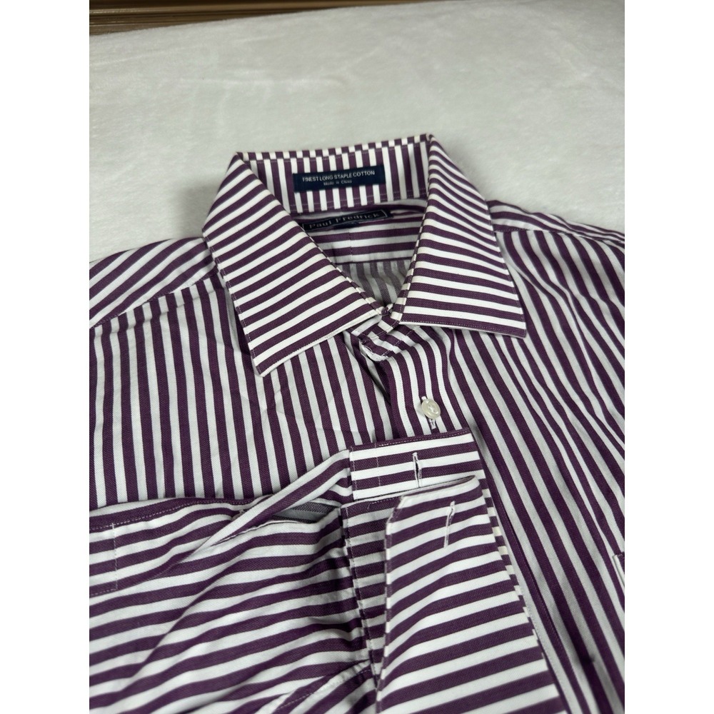 Paul Fredrick Dress Shirt Mens 16 32 Purple White Stripe‎ Long Sleeve Cotton